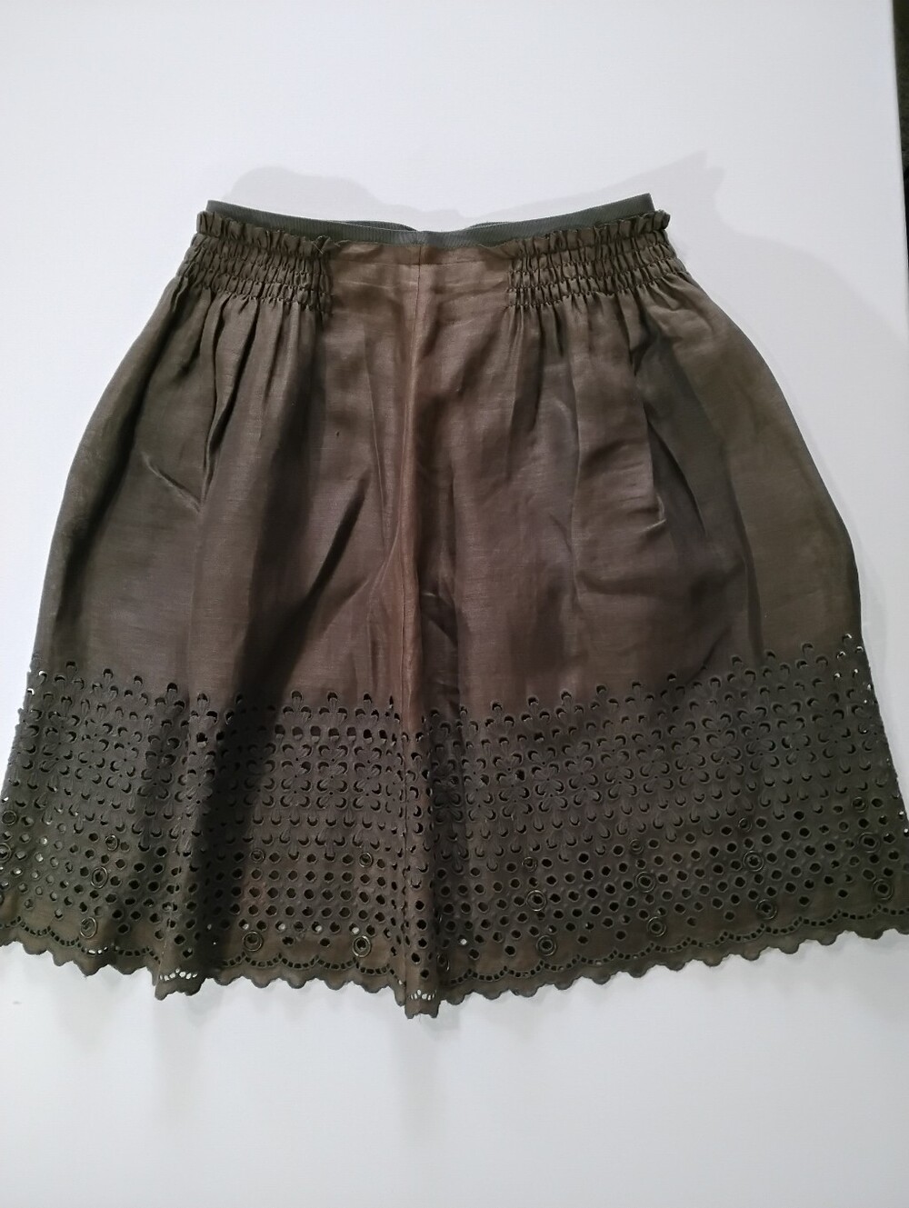 Elie Tahari 100% Linen Eyelet Skirt‎ Brown Bronze Lace Scalloped Hem Midi Length